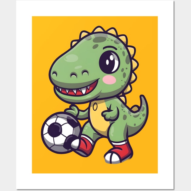 Cute baby dinosaur playing football Wall Art by Spaceboyishere